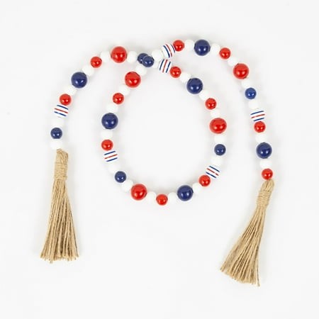Hgheuy Independence Day Wood Bead Garland with Rustic Tassels Patriotic Wood Bead with American Flag and Wooden Heart Hanging Sign for Farmhouse Wall 