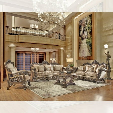 Traditional Brown Cherry Sofa Set 3Pcs Carved Wood by Homey Design HD-2658