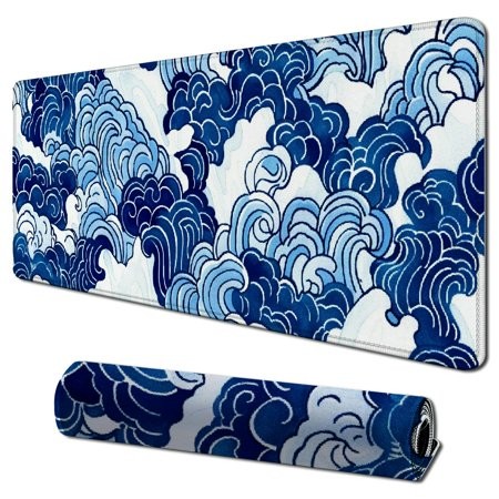 Cmefzd Extended Gaming Mouse Pad  Japanese Blue White Wave Mousepad  Large Mouse Mat Desk  Waterproof Mouse Pad with Stitched Edges and Non-Slip Base 