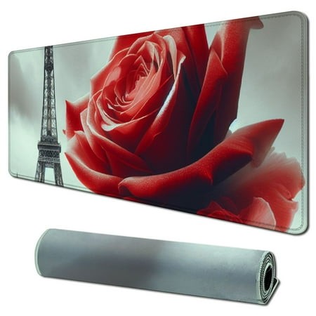 Lzatpd Desk Pad Extended Mouse Pad with Stitched Edges Large Non Slip Gaming Desk Mat Eiffel Tower Red Rose Keyboard Mouse Mat Desk Protector for Work