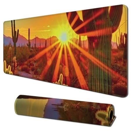 Wllo0ord Desk Pad Extended Mouse Pad with Stitched Edges Large Non Slip Gaming Desk Mat Sunset Cactus in Desert Keyboard Mouse Mat Desk Protector for 