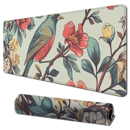 Ullo0ord Desk Pad Extended Mouse Pad with Stitched Edges Large Non Slip Gaming Desk Mat Bird and Flower Pattern Keyboard Mouse Mat Desk Protector for 