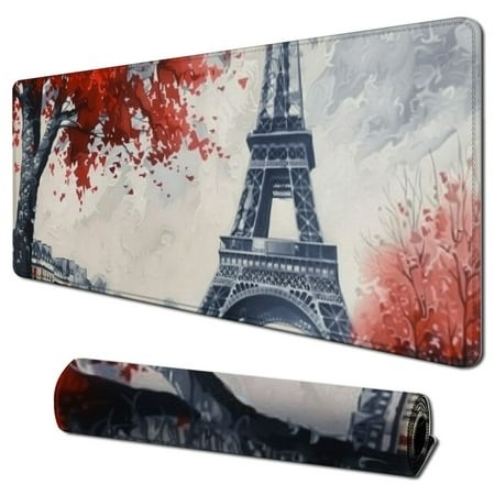 Wllo0ord Desk Pad Extended Mouse Pad with Stitched Edges Large Non Slip Gaming Desk Mat Paris City Tree Eiffel Tower Art Keyboard Mouse Mat Desk Prote