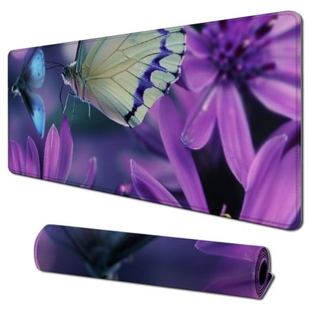 Wllo0ord Desk Pad Extended Mouse Pad with Stitched Edges Large Non Slip Gaming Desk Mat Flowers and Purple Butterfly Keyboard Mouse Mat Desk Protector