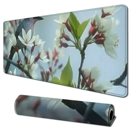 Wllo0ord Desk Pad Extended Mouse Pad with Stitched Edges Large Non Slip Gaming Desk Mat Bird Cherry Blossom Keyboard Mouse Mat Desk Protector for Work