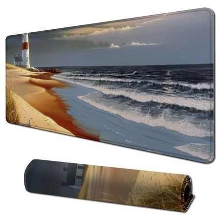 Wllo0ord Desk Pad Extended Mouse Pad with Stitched Edges Large Non Slip Gaming Desk Mat Sea Lighthouses Sandbeach Keyboard Mouse Mat Desk Protector fo