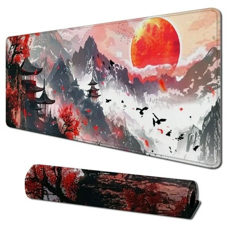Cmefzd Japanese Watercolor Cherry Blossom Gaming Mouse Pad Extended Mousepad Large Keyboard Mouse Mat Desk Pad with Non-Slip Rubber Base Stitched Edge