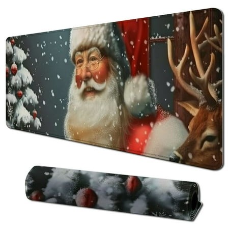 Wllo0ord Desk Pad Extended Mouse Pad with Stitched Edges Large Non Slip Gaming Desk Mat Santa Christmas Keyboard Mouse Mat Desk Protector for Work Gam