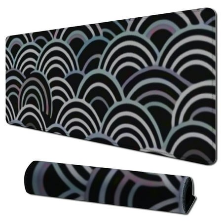 Plloopoed Desk Pad  Black and Silver Fan-Shaped Waves Extended Gaming Mouse Pad Larged with Non-Slip Base and Stitched Edge  Long Computer Keyboard Mo
