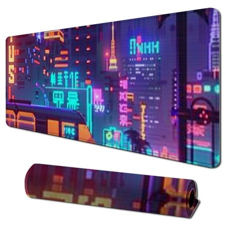 Plloopoed Purple Japanese City Gaming Mouse Pad in Neon Vaporwave Anime Street Extended Mousepad with Non-Slip Rubber Base Stitched Edge Large Desk Ma