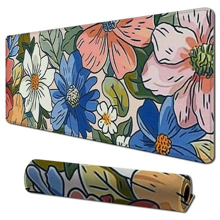 Plloopoed Pink Blue Cute Floral Gaming Mouse Pad Desk in Anime Green Leaf Flowers Extended Mousepad with Non-Slip Rubber Base Stitched Edge Large Desk