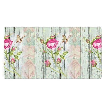 Bingfone Vintage Wood Background with Floral Large Gaming Mouse Pad Extended Desk Mousepad with Stitched Edges Non-Slip Base Water Resist Keyboard Pad
