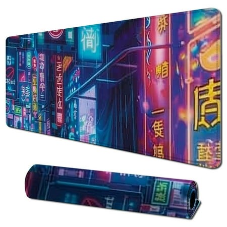 Plloopoed Large Gaming Mouse Pad  Extended XXL Desk Pad & Non-Slip Rubber Mat for Mice and Keyboard with Stitched Edges （cyberpunkgirl） 31.5x11.8 