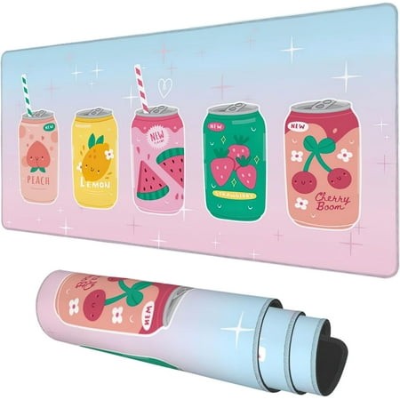 Desk Mat  Kawaii Fruit Flavors Sparkling Soda Drink Extended Gaming Mouse Pad Large  35.4 X15.7  Big Mouse Pad with Non-Slip Base and Stitched Edge  L