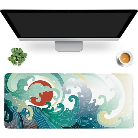 Ocean Wave and Sun Desk Mat Traditional Japanese Wave Extended Gaming Mouse Pad Large Non-Slip Rubber Base Mousepad with Stitched Edges Waterproof Mou