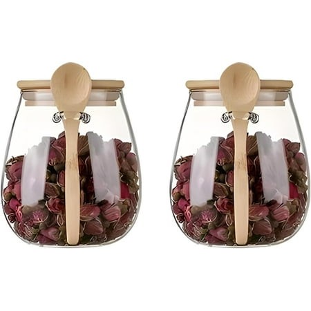 CHUNTIAN 16 Oz Airtight Glass Jar Storage Container with Bamboo Lid Set of 2  Wide Mouth  with a Spoon  Reusable  Can Be Used for Coffee Beans  Tea Le
