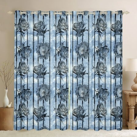 YST Greyish Blue Flower Curtains Chic Floral Blackout Curtains  Black Stripe Curtains & Drapes Girly Rose Bedroom Curtains  Geometric Lines Window Tre