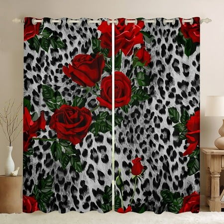 Grey Cheetah Print Curtains Red Rose Flower Blackout Curtains  Leopard Print Curtains & Drapes Safari Animal Bedroom Curtains  Girly Floral Window Tre