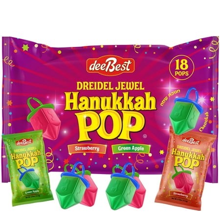 Hanukkah Dreidels Jewel Pop Ring Shape Candy - Assorted Green Apple and Strawberry Flavors 18 Count Individually Wrapped Dreidel - Hanukah Decorations