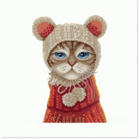 Festive Feline Cross Stitch Kit - PR-7263 with Pre-Sorted Thread  Aida Fabric  and Patterns for Adults - 6.25 X 8.25 Inches