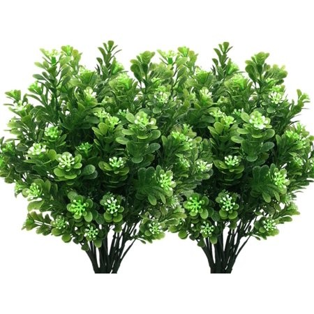 4 Pack Artificial Greenery Plants Outdoor UV Resistant Plastic Fake Bean Bushes Grass Leaves Bush Indoor Outdoor Home Garden Party Wedding DIY Table A