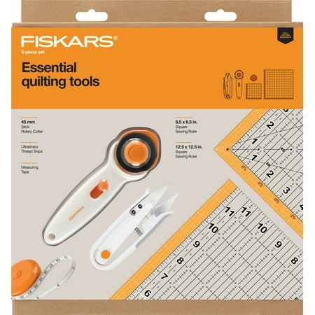 Fiskars Quilting Essentials 5 Piece Set  Includes Rotary Cutter  Thread Snips  Measuring Tape and 2 Clear Rulers