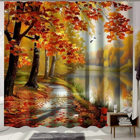 Fall Leaves Landscape Shower Curtain Path Trees Water Scene Bathroom Decor Nature Theme 80x120