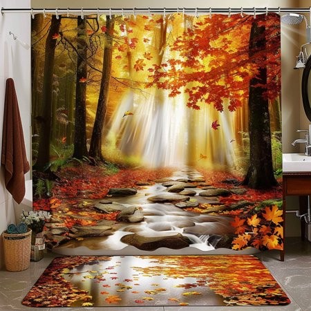 Autumn Bliss Bathroom Set: Forest Shower Curtain Stone Path Nature Theme Decor Fall Leaves Sunlit Trees Water Flow Vibrant Colors