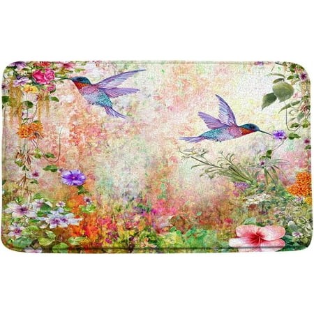 Hummingbird Floral Bath Mat Colorful Farmhouse Flower Summer Tropical Plant Fantasy Garden Bathroom Decor Microfiber Memory Foam Washable Rugs 24 X16