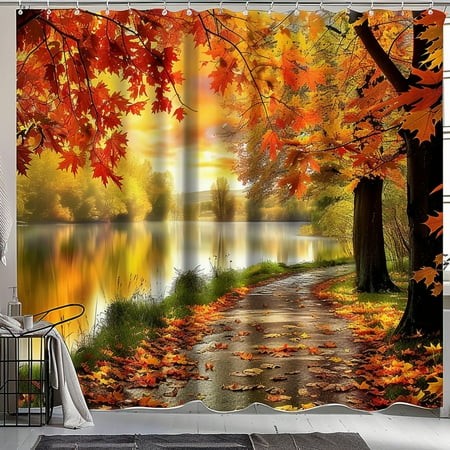 Fall Leaves Landscape Shower Curtain Path and Trees Design with Water Bathroom Decor Nature Theme