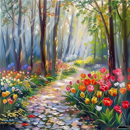 Tranquil Tulip Garden & Forest Path Oil Painting Shower Curtain Dreamy Landscape with Blooming Flowers Sunlight Water and Trees Hyper Realistic Art