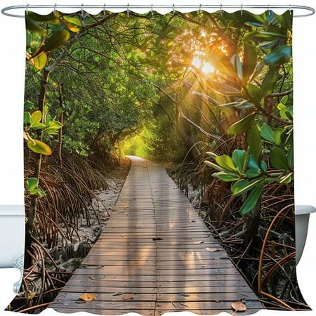 Sunset Mangrove Forest Wooden Path Shower Curtain Nature Landscape Bathroom Decor Water-Resistant Fabric Hooks Included