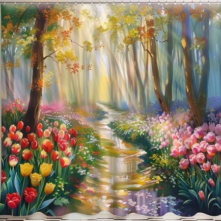 Enchanting Tulip Garden & Sunlit Forest Path Oil Painting Shower Curtain Serene Nature Scene Colorful Blooms Tranquil Water Hyper Realistic Art