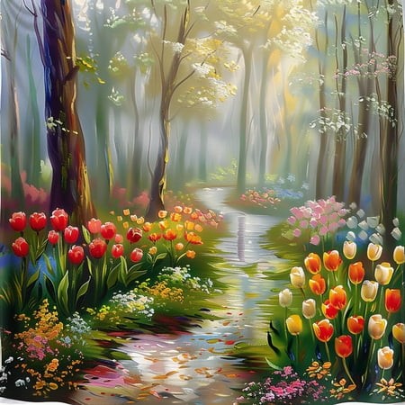 Tranquil Tulip Garden & Forest Path Oil Painting Shower Curtain Dreamy Landscape with Colorful Blooms Flowing Water and Serene Atmosphere