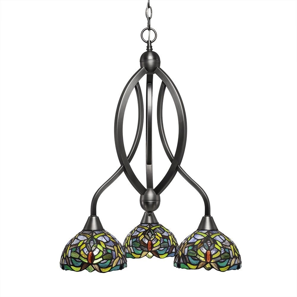 263-BN-9905-Toltec Lighting-Bow-Three Light Chandelier-18 Inches Wide by 26.75 Inches High Brushed Nickel Finish with Kaleidoscope Tiffany Glass