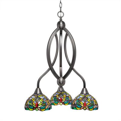 263-BN-9905-Toltec Lighting-Bow-Three Light Chandelier-18 Inches Wide by 26.75 Inches High Brushed Nickel Finish with Kaleidoscope Tiffany Glass thumbnail