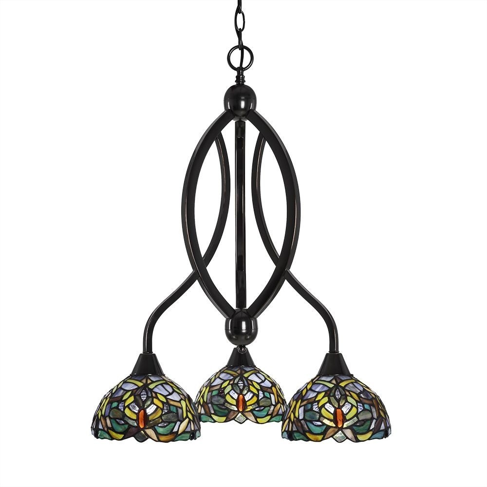 263-BC-9905-Toltec Lighting-Bow - Three Light Chandelier  Black Copper Finish with Kaleidoscope