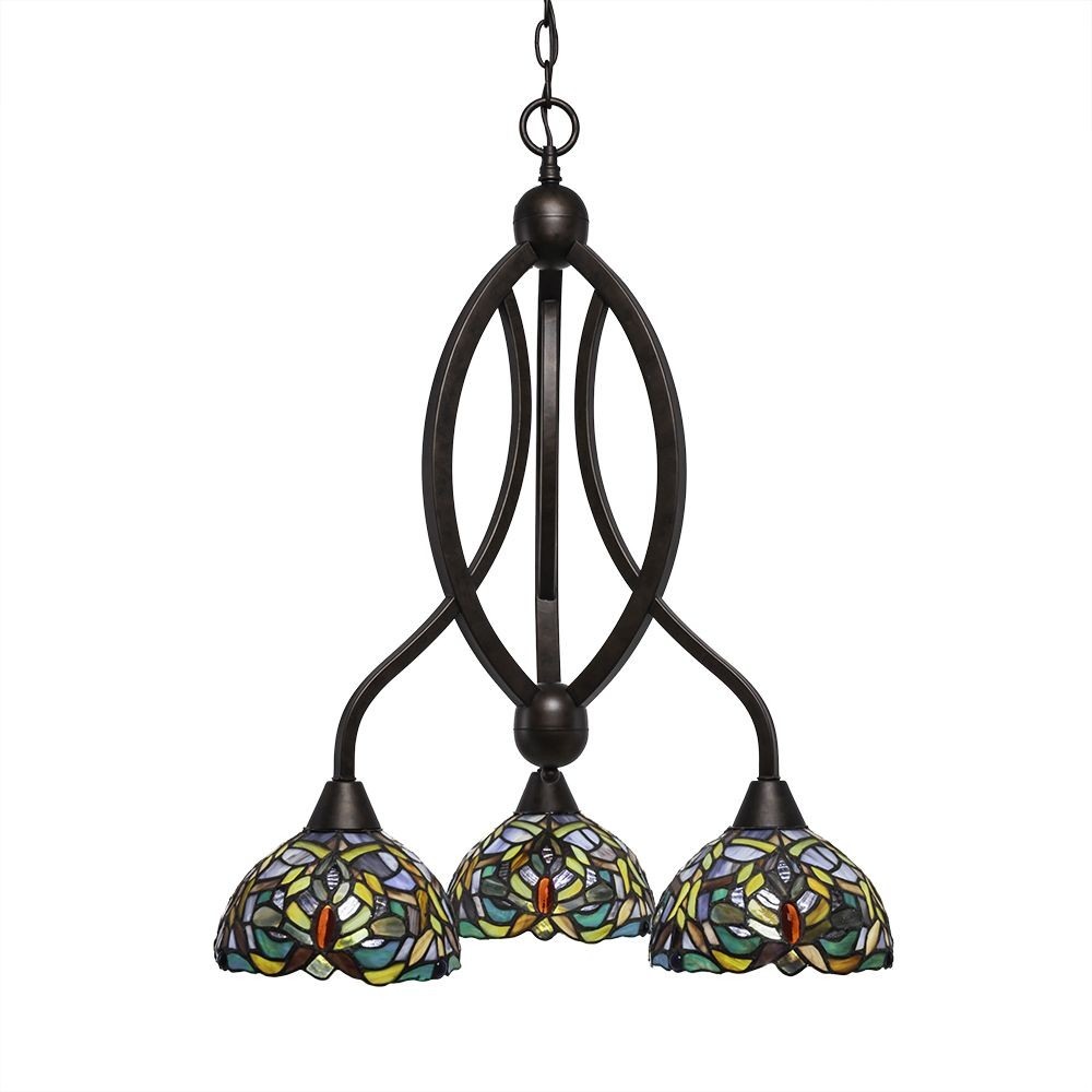 263-BRZ-9905-Toltec Lighting-Bow-Three Light Chandelier-18 Inches Wide by 26.75 Inches High Bronze Finish with Kaleidoscope Tiffany Glass