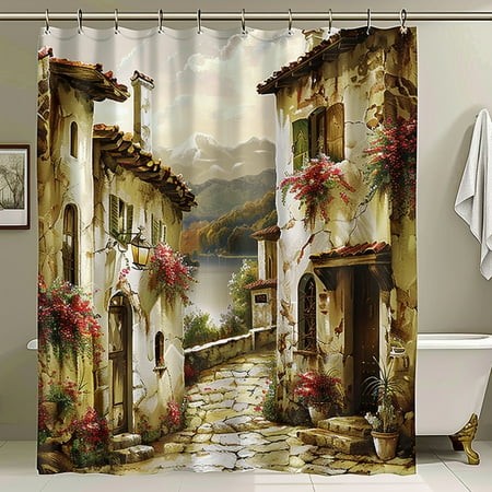Tuscan Floral Bathroom Shower Curtain Stone Path Design Tuscany Style House Decor Water Repellent Fabric Hooks
