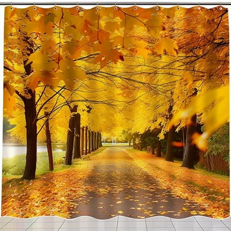 Autumn Yellow Trees Shower Curtain Golden Leaves & Park Path Design Water Gifts Style for Bathroom