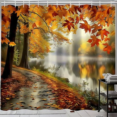 Highres Autumn Leaves Landscape Shower Curtain with Path Trees and Water Nature Scene Bathroom Decor Fall Foliage Design