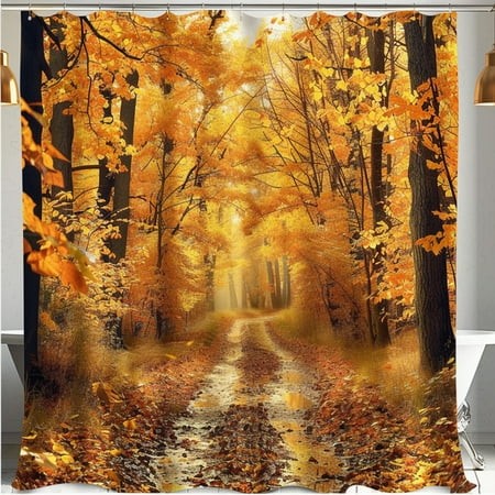 Golden Leaves Forest Path Shower Curtain Nature Inspired Bathroom Decor Unique Artist Style Design Autumn Theme Water Resistant