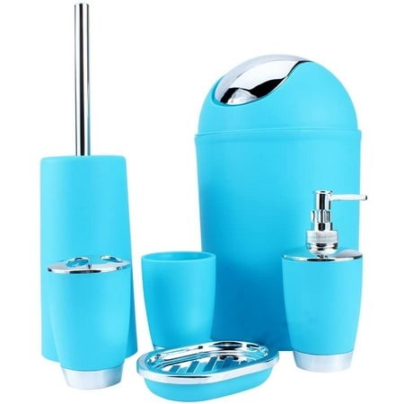 FIGT-Light Blue Bathroom Accessories 6Pcs Bathroom Accessory Set Bin Dish Dispenser Tumbler Toothbrush Holder【0516】