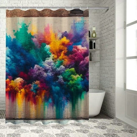 Cmefzd Brick Wall Shower Curtain  Colorful Grunge Scribbled Drawing on Surface Town Counter Culture Artisan  Cloth Fabric Bathroom Decor Set with Hook