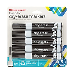 office depot brand low-odor dry-erase markers, chisel point, 100% recycled plastic barrel, black, pack of 5
