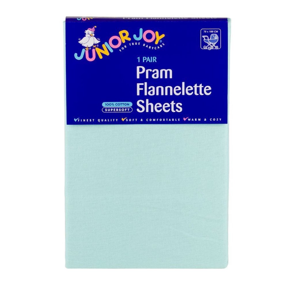 2 X Junior Joy Baby Pram Flannelette Sheets 100% Soft Cotton Pack - Mint