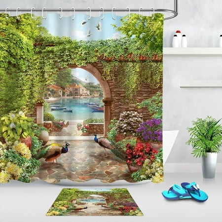 INPERCUST Enchanting Coastal Path Floral Peacock Shower Curtain - Water-Resistant Fabric