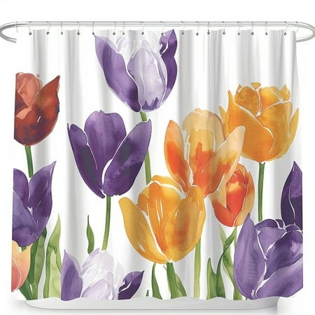 Escape to a Dreamy Tulip Garden: Hyper Realistic Shower Curtain with Forest Path Blooming Flowers and Tranquil Water