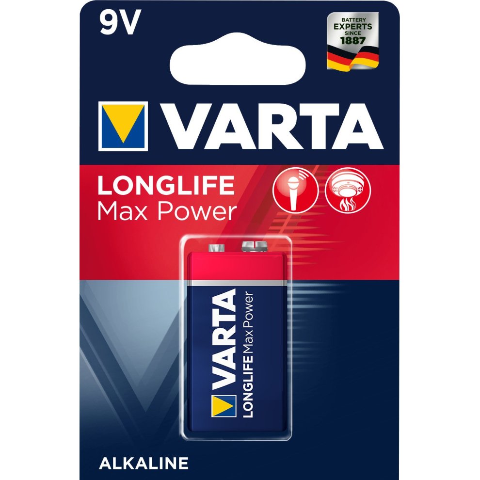 Varta Longlife Max Power 9V Alkaline Battery 6LR61 - Pack of 1 - Packaging May Vary thumbnail