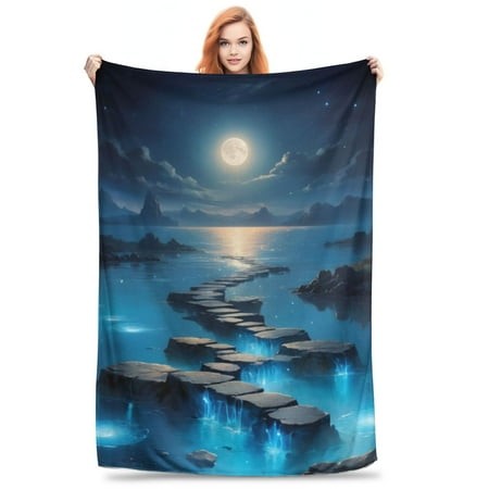 Night: Glowing Path Over Water Flannel Blanket Is Suitable for Covering Sofas or Beds. Plush Blanket